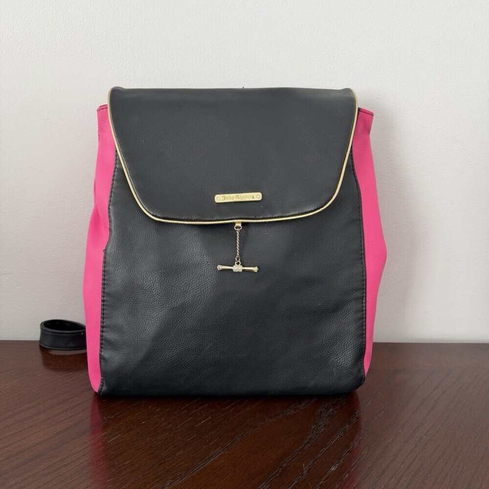 Juicy Couture Backpack Black & Pink Faux Leather Gold Tone Hardware Flap Top GUC